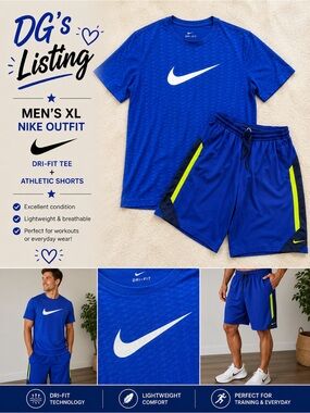 Nike Men’s Dri-FIT Athletic Shorts & Tee Set - Blue with Neon Yellow Accents